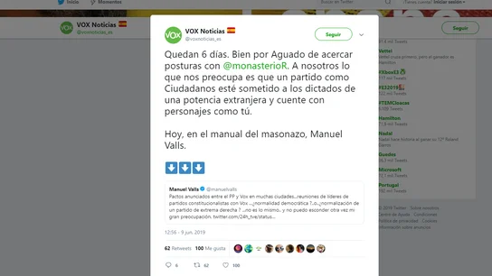 Tuit de Vox contestando a Manuel Valls Tuit de Vox contestando a Manuel Valls