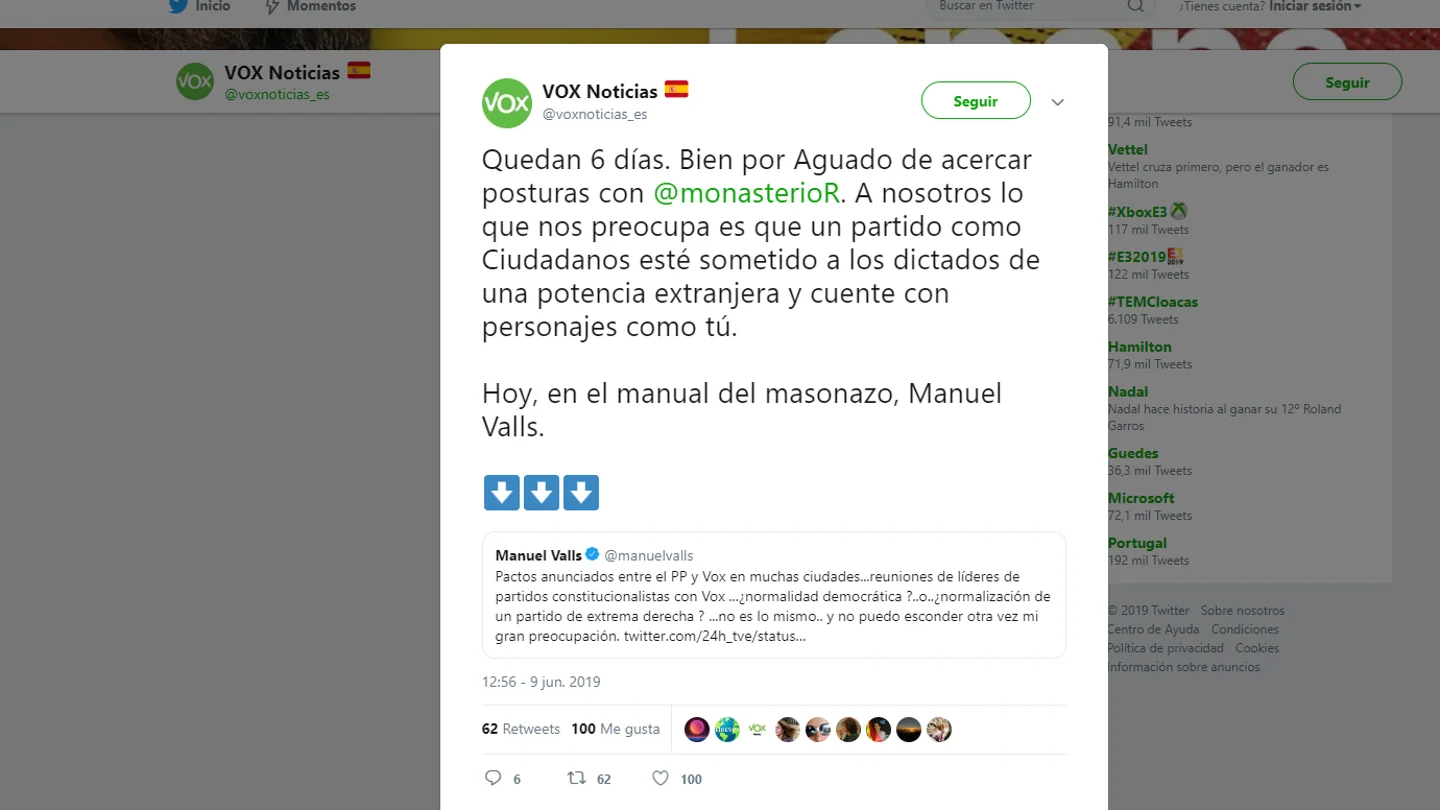 Tuit de Vox contestando a Manuel Valls Tuit de Vox contestando a Manuel Valls