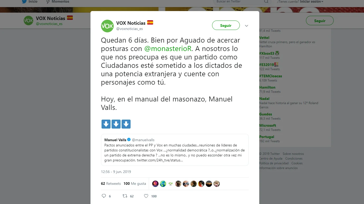 Tuit de Vox contestando a Manuel Valls