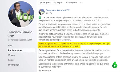 Críticas de Serrano a la sentencia de La Manada en Facebook Críticas de Serrano a la sentencia de La Manada en Facebook