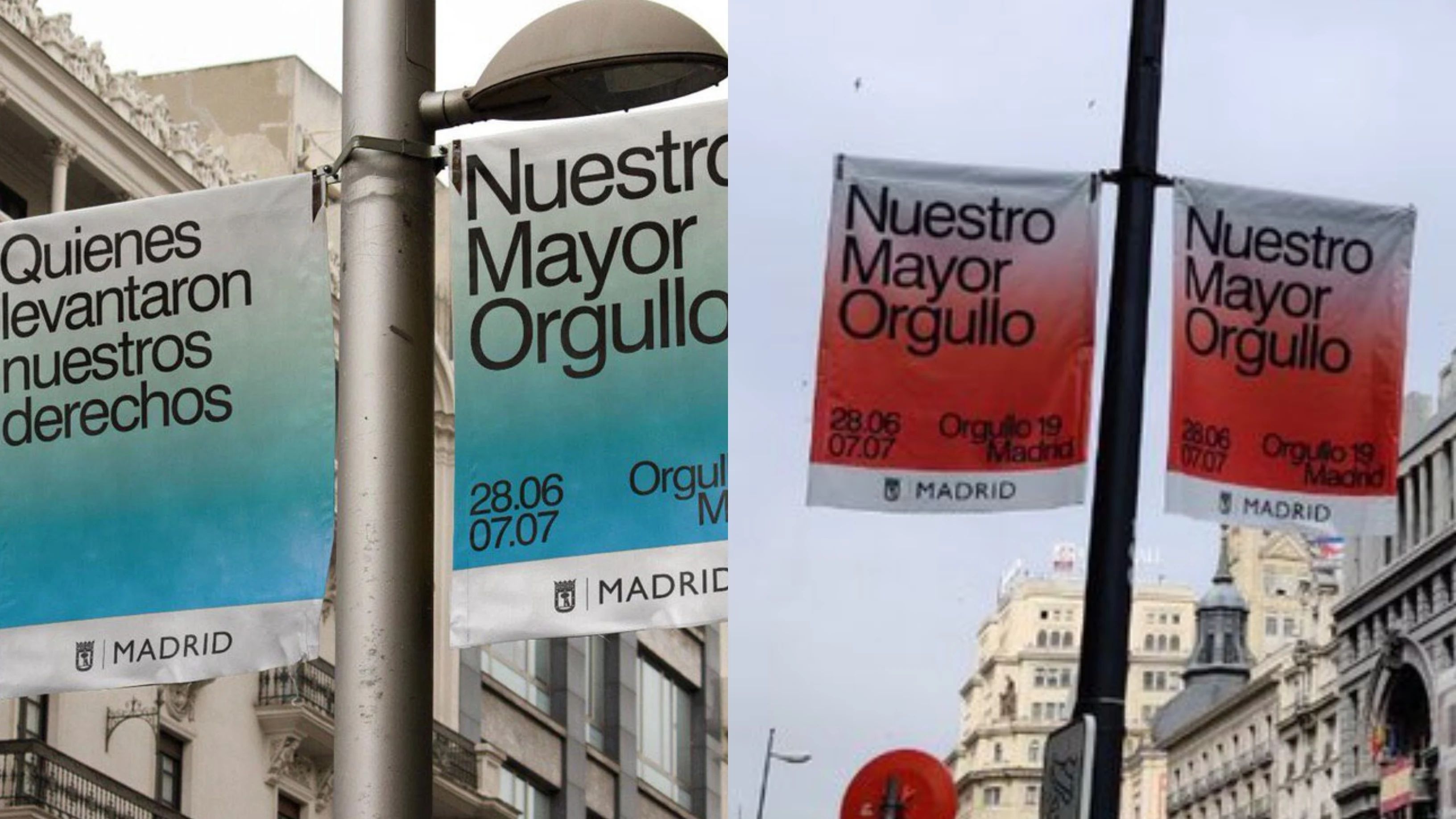 Las decoraciones del Orgullo como fueron ideadas por el equipo de Carmena y como han sido instaladas por el nuevo gobierno