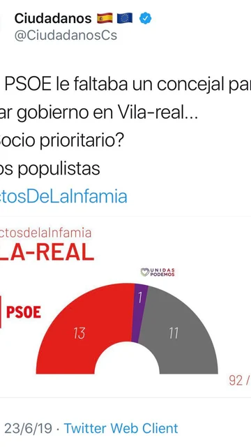 El tuit borrado por Cs sobre los pactos en Vila-real