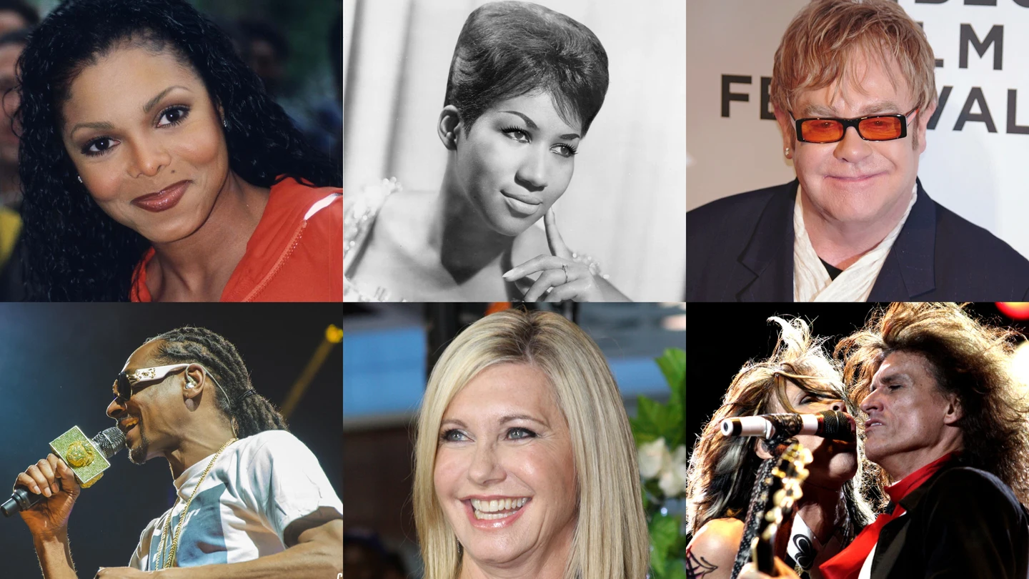 Janet Jackson, Aretha Franklin, Elton John, Snoop Dog, Olivia Newton John, Aerosmith Janet Jackson, Aretha Franklin, Elton John, Snoop Dog, Olivia Newton John, Aerosmith