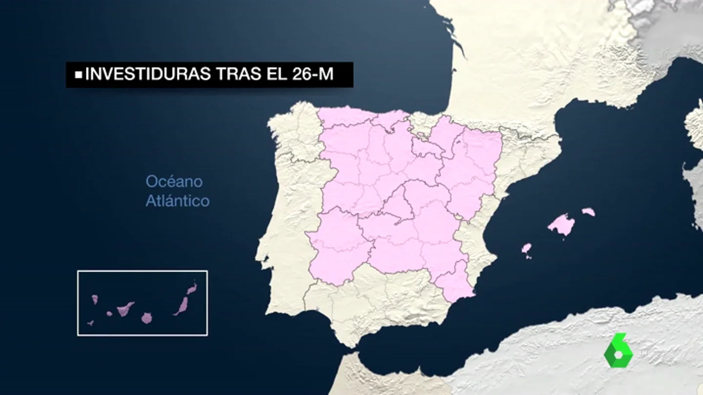 El mapa de España tras el 26M: Murcia, Madrid, La Rioja, Aragón y Navarra penden de un hilo para el éxito de la investidura El mapa de España tras el 26M: Murcia, Madrid, La Rioja, Aragón y Navarra penden de un hilo para el éxito de la investidura