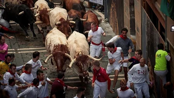 Los toros de la ganadería gaditana de Cebada Gago enfilan la calle Estafeta durante el segundo encierro de los Sanfermines 2019