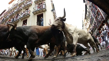 Los toros de la ganadería gaditana de Cebada Gago a su paso por la curva de Mercaderes durante el segundo encierro de los Sanfermines 2019