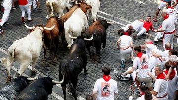 Los toros de la ganadería gaditana de Cebada Gago llegan a la Plaza Consistorial durante el segundo encierro de los Sanfermines 2019