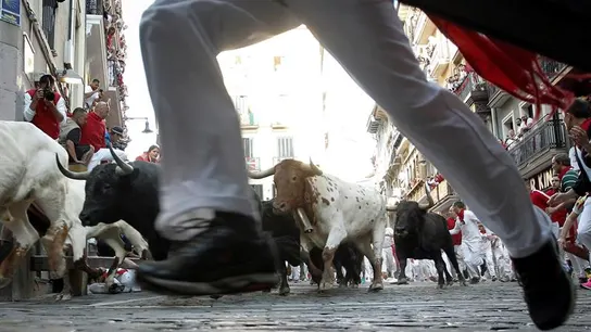 Los toros de la ganadería de Jandilla en el cuarto encierro de San Fermín Los toros de la ganadería de Jandilla en el cuarto encierro de San Fermín