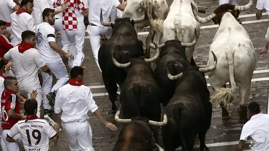 Los toros de la ganadería de Jandilla en el cuarto encierro de San Fermín Los toros de la ganadería de Jandilla en el cuarto encierro de San Fermín
