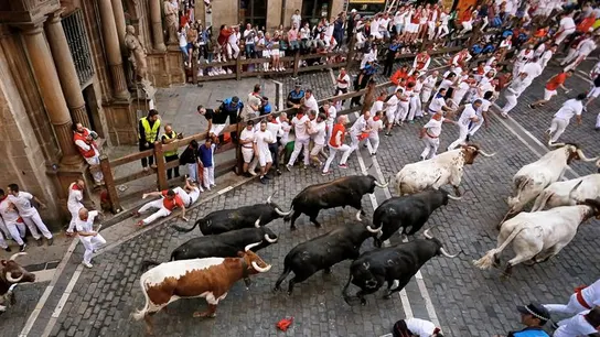 Los toros de la ganadería de Jandilla en el cuarto encierro de San Fermín Los toros de la ganadería de Jandilla en el cuarto encierro de San Fermín