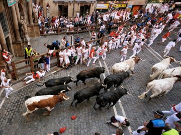 Los toros de la ganadería de Jandilla en el cuarto encierro de San Fermín Los toros de la ganadería de Jandilla en el cuarto encierro de San Fermín