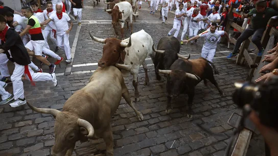 Los toros de la ganadería de Núñez del Cuvillo, durante el sexto encierro de los Sanfermines 2019 Los toros de la ganadería de Núñez del Cuvillo, durante el sexto encierro de los Sanfermines 2019