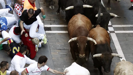 Los toros de la ganadería de Núñez del Cuvillo, durante el sexto encierro de los Sanfermines 2019 Los toros de la ganadería de Núñez del Cuvillo, durante el sexto encierro de los Sanfermines 2019