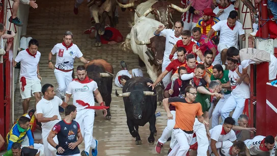 Los toros de la ganadería de Núñez del Cuvillo, durante el sexto encierro de los Sanfermines 2019 Los toros de la ganadería de Núñez del Cuvillo, durante el sexto encierro de los Sanfermines 2019