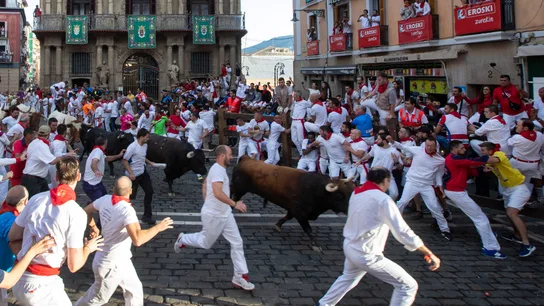 Séptimo encierro de los Sanfermines 2019, con toros de La Palmosilla, de Tarifa (Cádiz) Séptimo encierro de los Sanfermines 2019, con toros de La Palmosilla, de Tarifa (Cádiz)