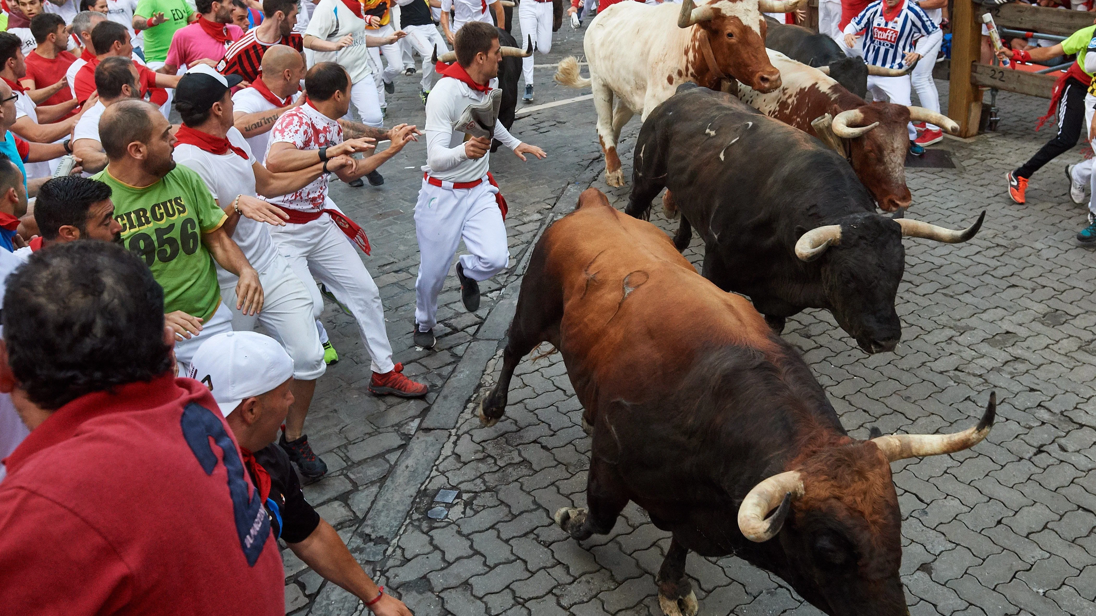 Séptimo encierro de los Sanfermines 2019, con toros de La Palmosilla, de Tarifa (Cádiz)