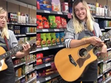 La empleada de un supermercado toca una canción en su turno La empleada de un supermercado toca una canción en su turno