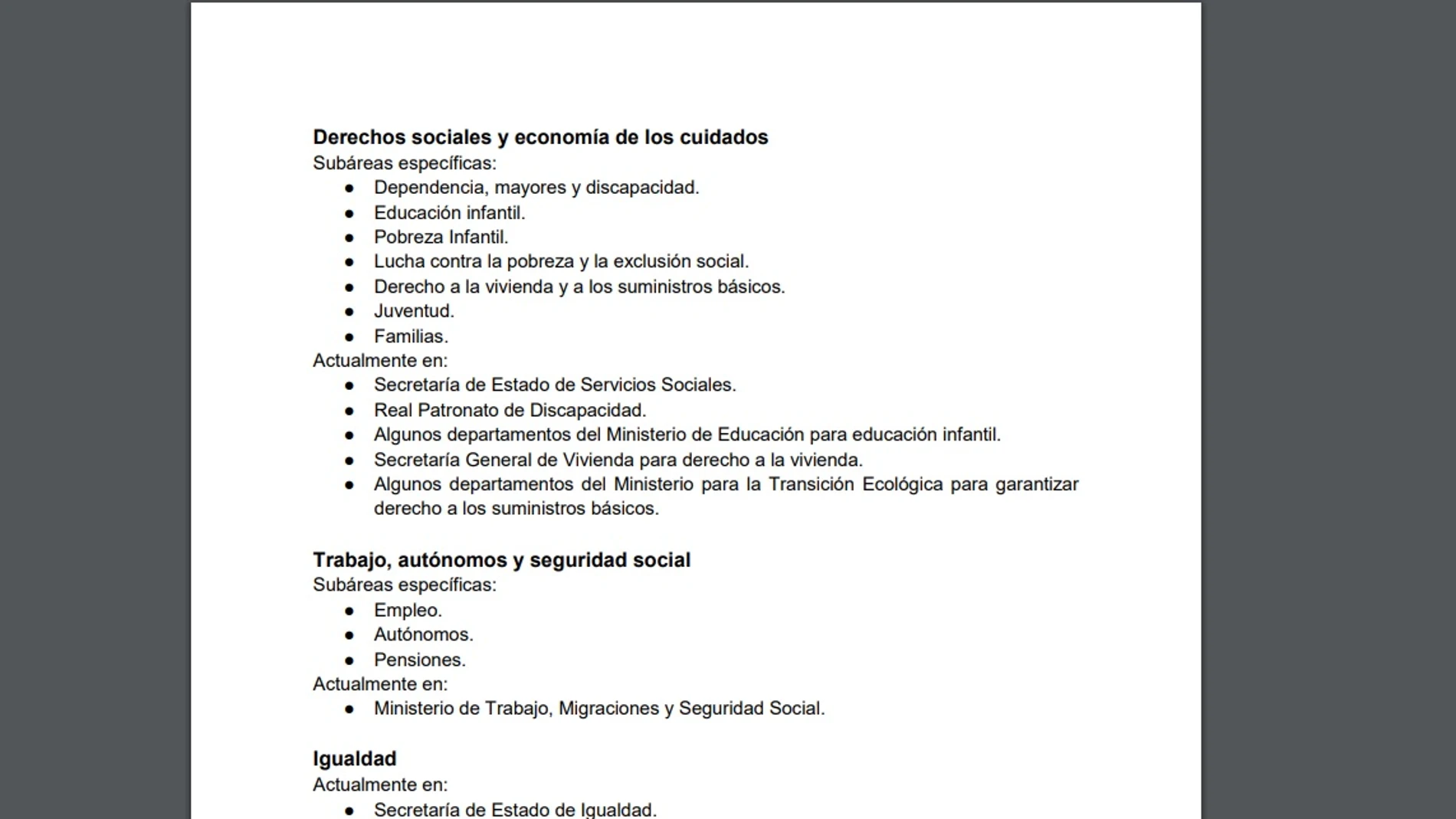 Imagen del documento con las exigencias de Unidas Podemos al PSOE