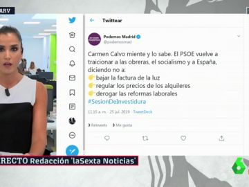 Podemos elimina el tuit que acusaba a Carmen Calvo de "mentir" y al PSOE de "traicionar al socialismo" Podemos elimina el tuit que acusaba a Carmen Calvo de "mentir" y al PSOE de "traicionar al socialismo"