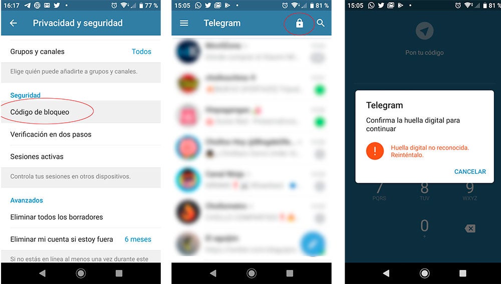 Bloqueando los chats, con el código y pulsando el candado