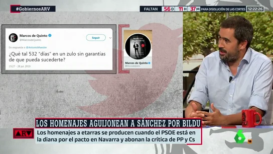 Carlos Cué, sobre la sugerencia de condena de Marcos de Quinto para un etarra: "Un diputado nacional está haciendo declaraciones anti constitucionales" Carlos Cué, sobre la sugerencia de condena de Marcos de Quinto para un etarra: "Un diputado nacional está haciendo declaraciones anti constitucionales"