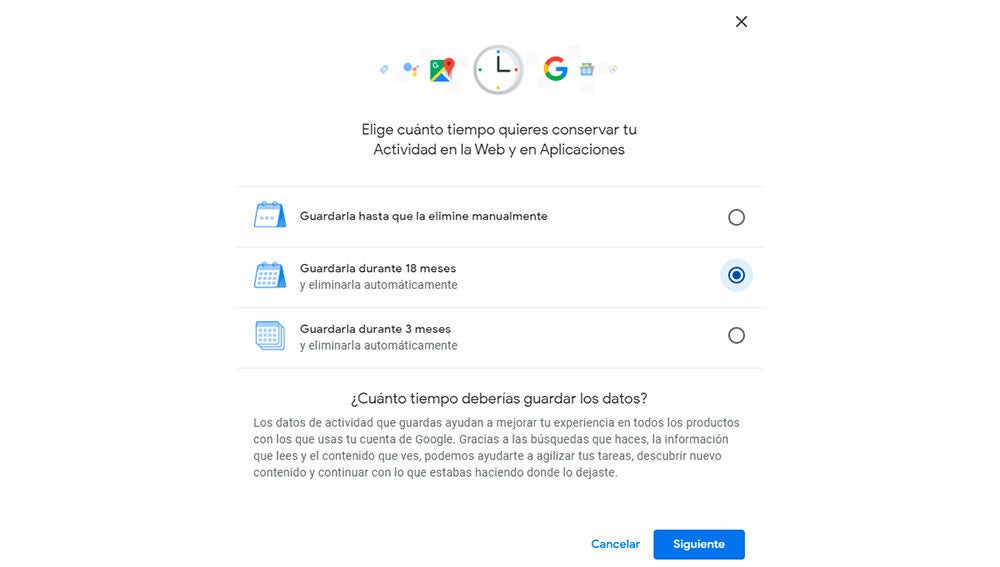 Aquí podemos elegir el intervalo tras el que se borrarán los datos