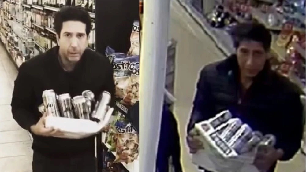 Imágenes de David Schwimmer y el ladrón de cerveza parecido a él.