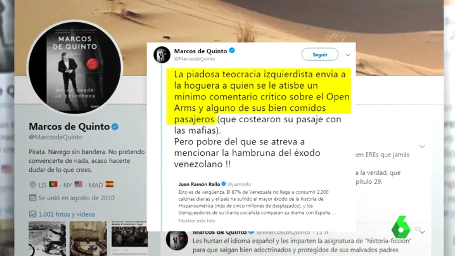 Polémico tuit de Marcos de Quinto (Cs) sobre el Open Arms: habla de "algunos bien comidos pasajeros"