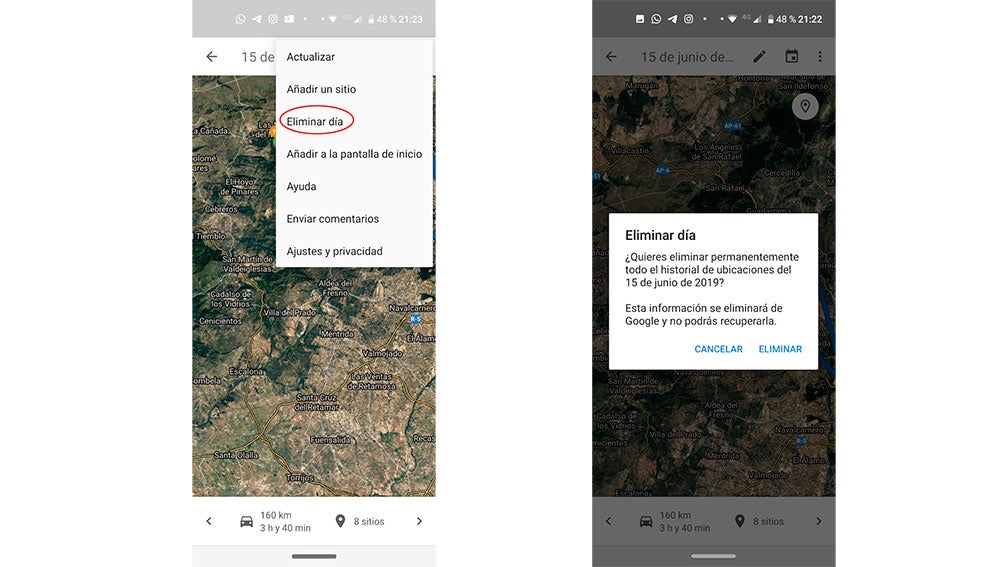 Borrando un día en la cronología de Google Maps