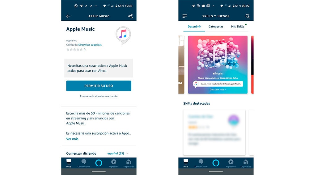 La skill de Apple Music en la app de Alexa