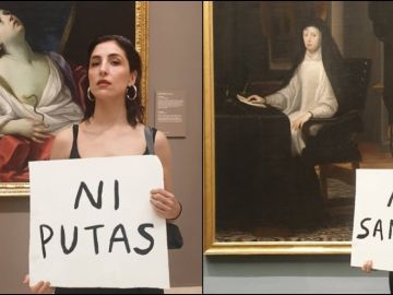La tuitera @mespagueti posa reivindicativa frente a dos pinturas del Museo del Prado La tuitera @mespagueti posa reivindicativa frente a dos pinturas del Museo del Prado