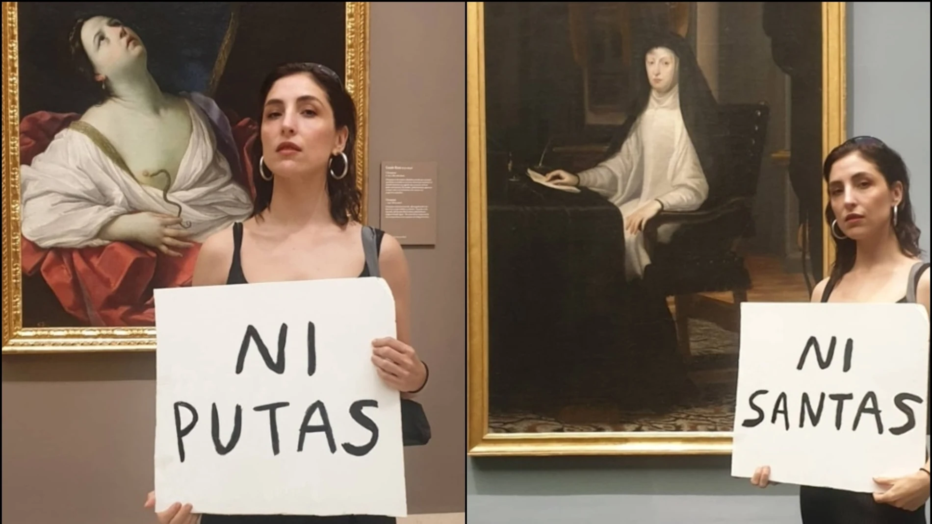 La tuitera @mespagueti posa reivindicativa frente a dos pinturas del Museo del Prado
