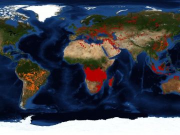 Mapa mundial de los incendios activos en el mundo por los satélites de la NASA Mapa mundial de los incendios activos en el mundo por los satélites de la NASA