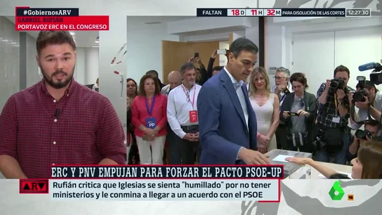 Gabriel Rufián: "Pedro Sánchez se equivocó al vetar a Pablo Iglesias. Encabronó el ambiente" Gabriel Rufián: "Pedro Sánchez se equivocó al vetar a Pablo Iglesias. Encabronó el ambiente"