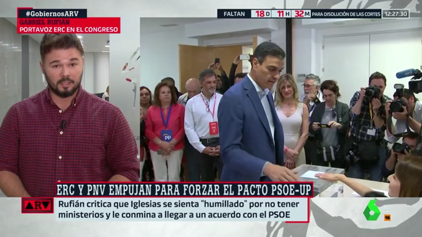 Gabriel Rufián: "Pedro Sánchez se equivocó al vetar a Pablo Iglesias. Encabronó el ambiente" Gabriel Rufián: "Pedro Sánchez se equivocó al vetar a Pablo Iglesias. Encabronó el ambiente"