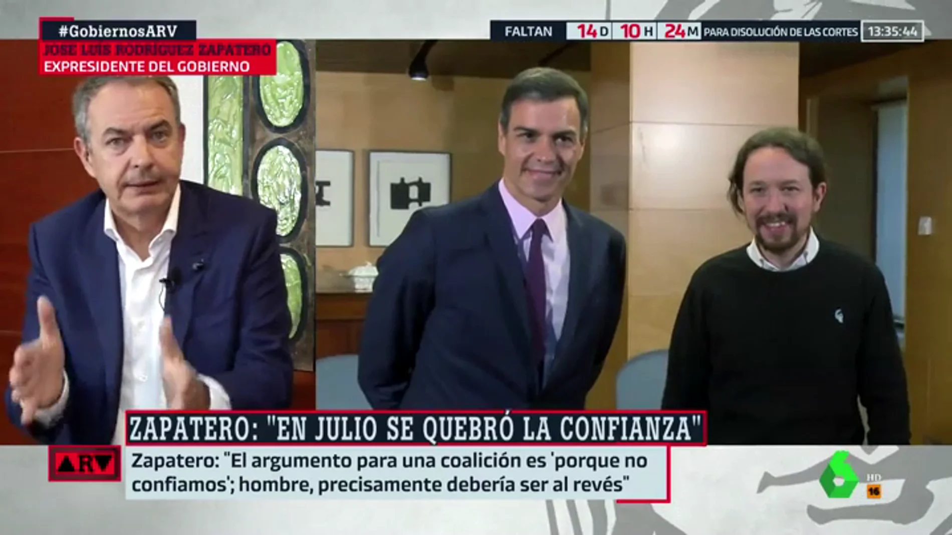 Zapatero, contra el argumento de Unidas Podemos: "Entrar en un Gobierno de coalición para controlar no, eso lo hace la oposición".