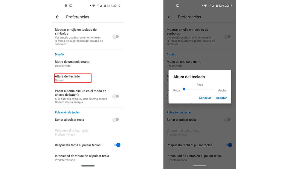 Escogiendo altura de teclado