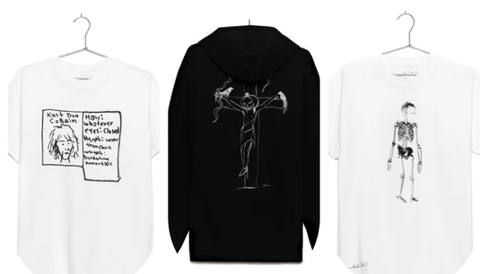 Algunas de las prendas de la edición limitada 'Kurt Was Here', con anotaciones y dibujos de Kurt Cobain. Algunas de las prendas de la edición limitada 'Kurt Was Here', con anotaciones y dibujos de Kurt Cobain.