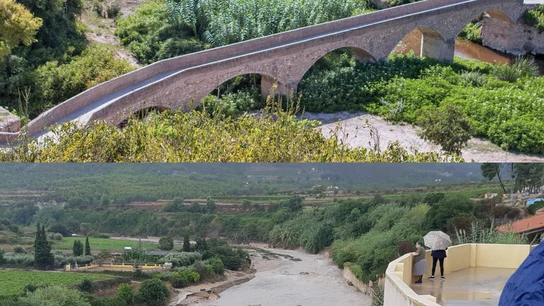 Aspecto del puente antes de la riada y restos del mismo después de la crecida del río Aspecto del puente antes de la riada y restos del mismo después de la crecida del río