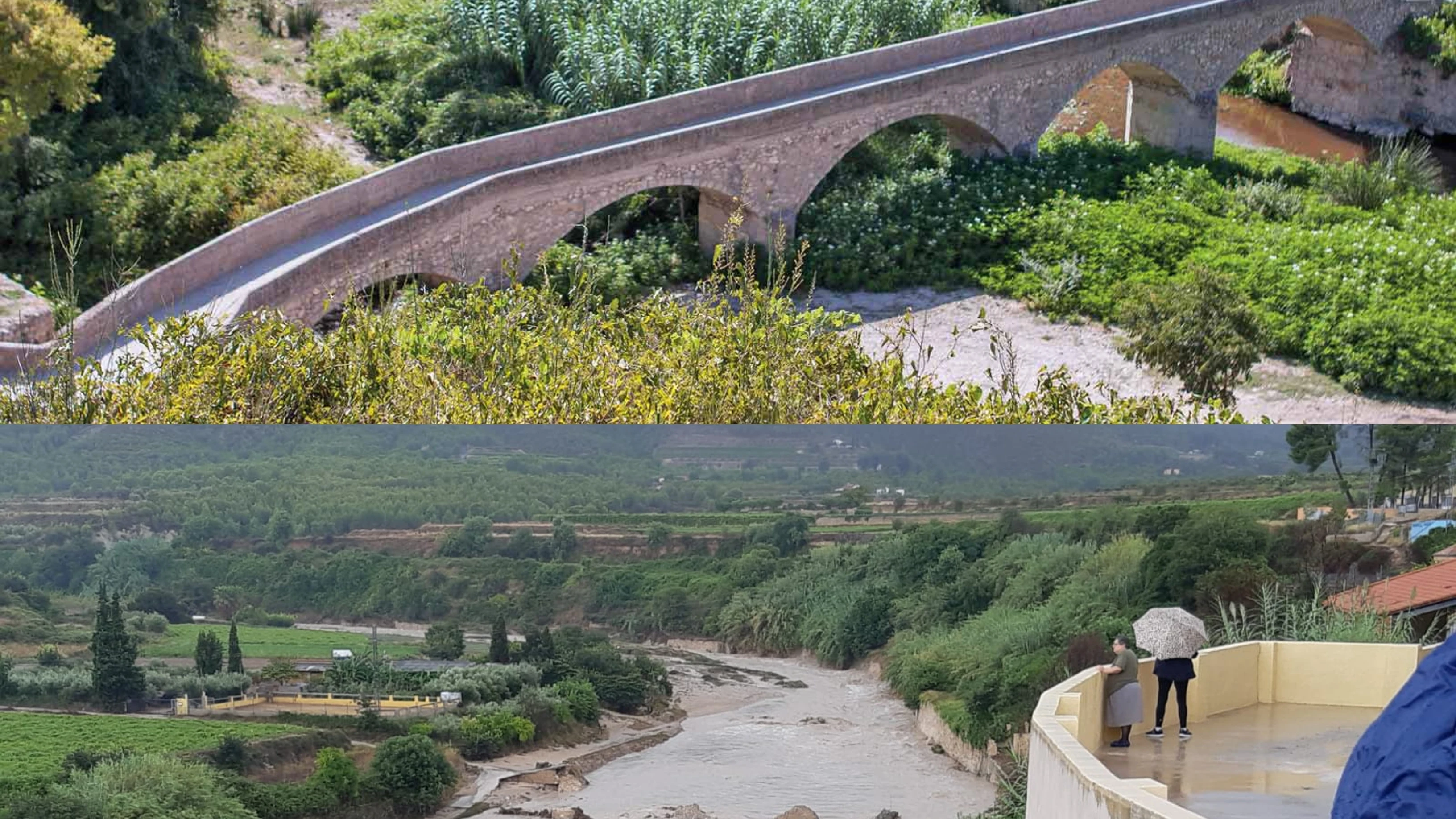 Aspecto del puente antes de la riada y restos del mismo después de la crecida del río