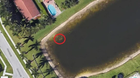 Las fotografía satelital en la que se puede apreciar un coche blanco en el fondo de un lago. Las fotografía satelital en la que se puede apreciar un coche blanco en el fondo de un lago.