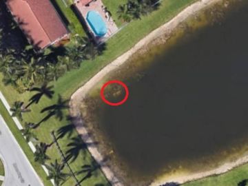 Las fotografía satelital en la que se puede apreciar un coche blanco en el fondo de un lago. Las fotografía satelital en la que se puede apreciar un coche blanco en el fondo de un lago.