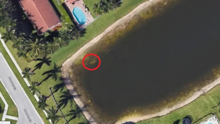 Las fotografía satelital en la que se puede apreciar un coche blanco en el fondo de un lago.