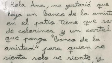 Imagen de la carta que una niña de nueve años ha dejado en el buzón de sugerencias de su colegio