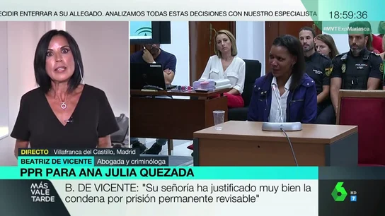 Beatriz de Vicente, sobre la condena a Ana Julia Quezada a prisión permanente revisable: "Difícilmente la puede tirar el Supremo" Beatriz de Vicente, sobre la condena a Ana Julia Quezada a prisión permanente revisable: "Difícilmente la puede tirar el Supremo"
