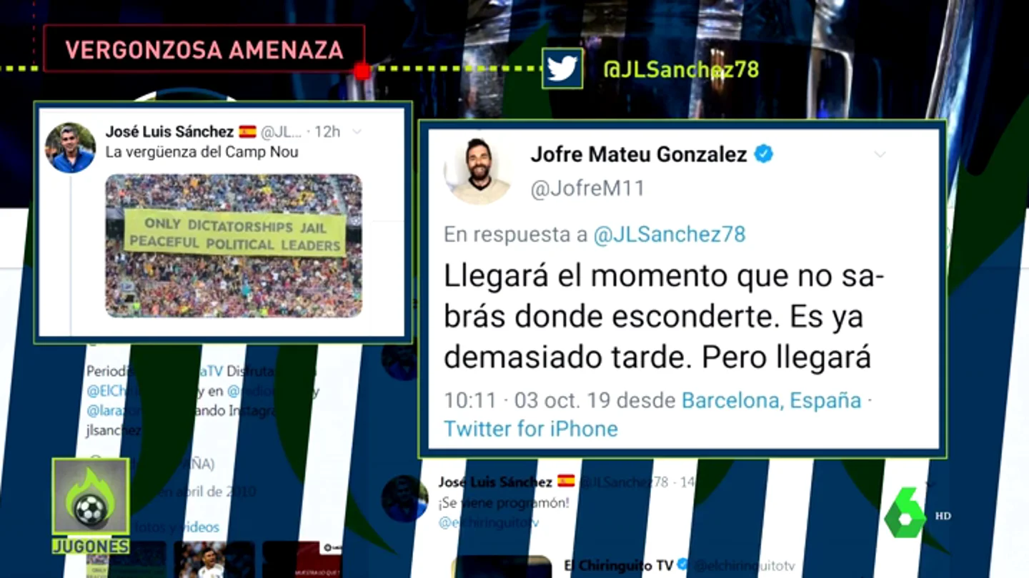 Un exjugador del Barcelona amenaza a José Luis Sánchez: "Llegará el momento que no sabrás dónde esconderte" Un exjugador del Barcelona amenaza a José Luis Sánchez: "Llegará el momento que no sabrás dónde esconderte"
