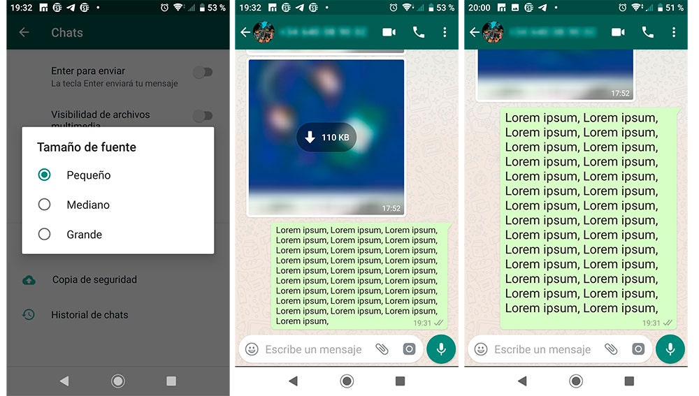 Texto de WhatsApp en tamaño pequeño y grande