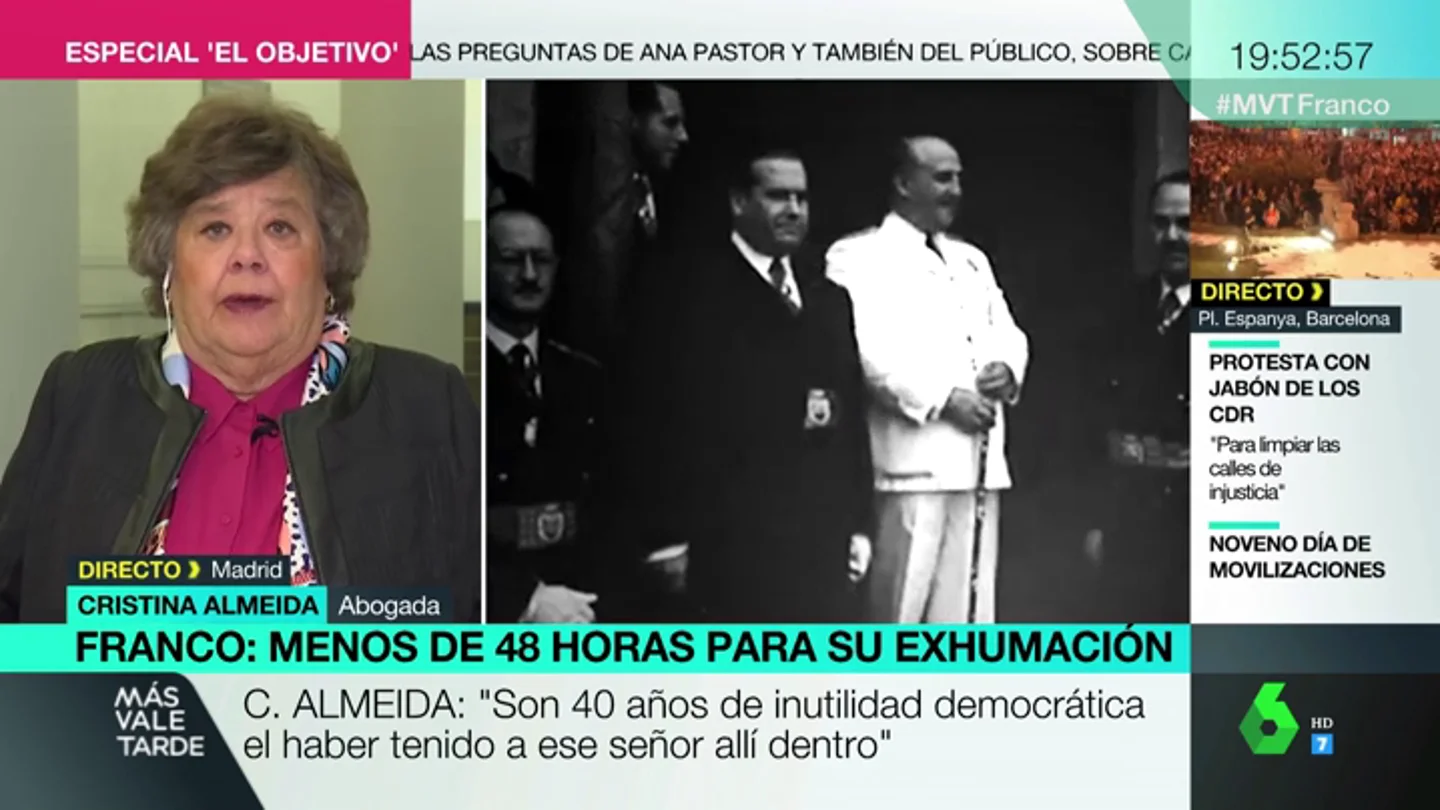 Cristina Almeida: "Con la exhumación de Franco se refrescará la democracia y desaparecerá el culto al dictador" Cristina Almeida: "Con la exhumación de Franco se refrescará la democracia y desaparecerá el culto al dictador"