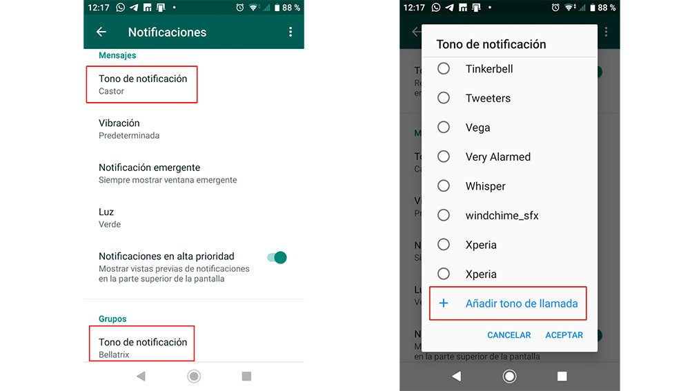 Seleccionando los tonos de cada tipo de mensaje