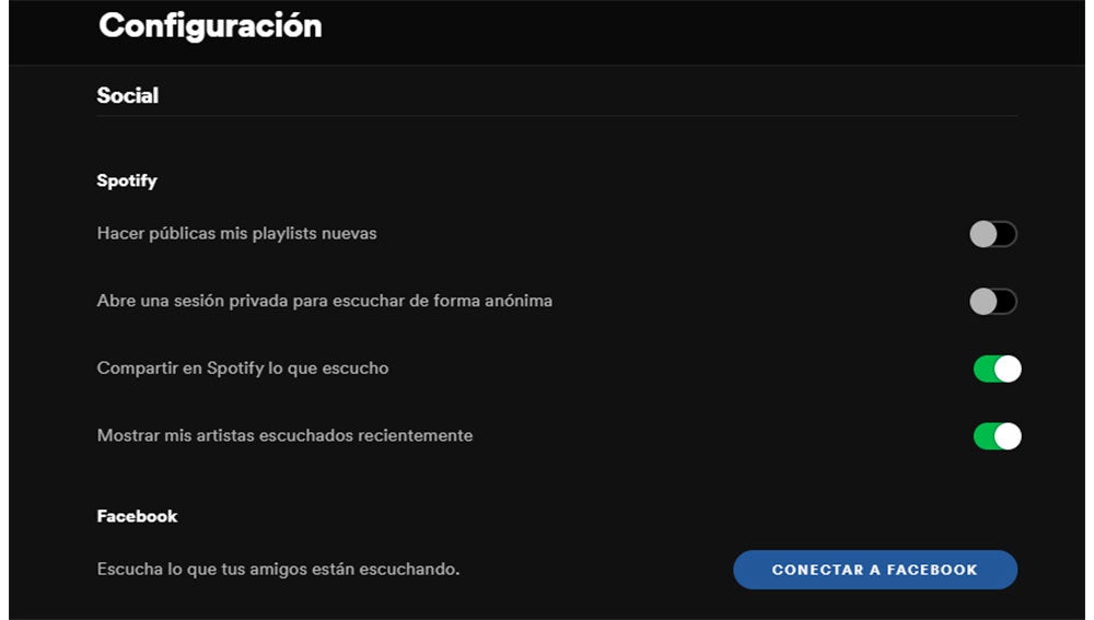 Opciones sociales de Spotify